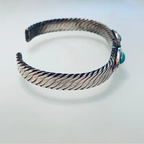 Vintage Mexico Turquoise Cable Design Cuff Bracelet in 925 Sterling Silv… - Picture 7 of 9
